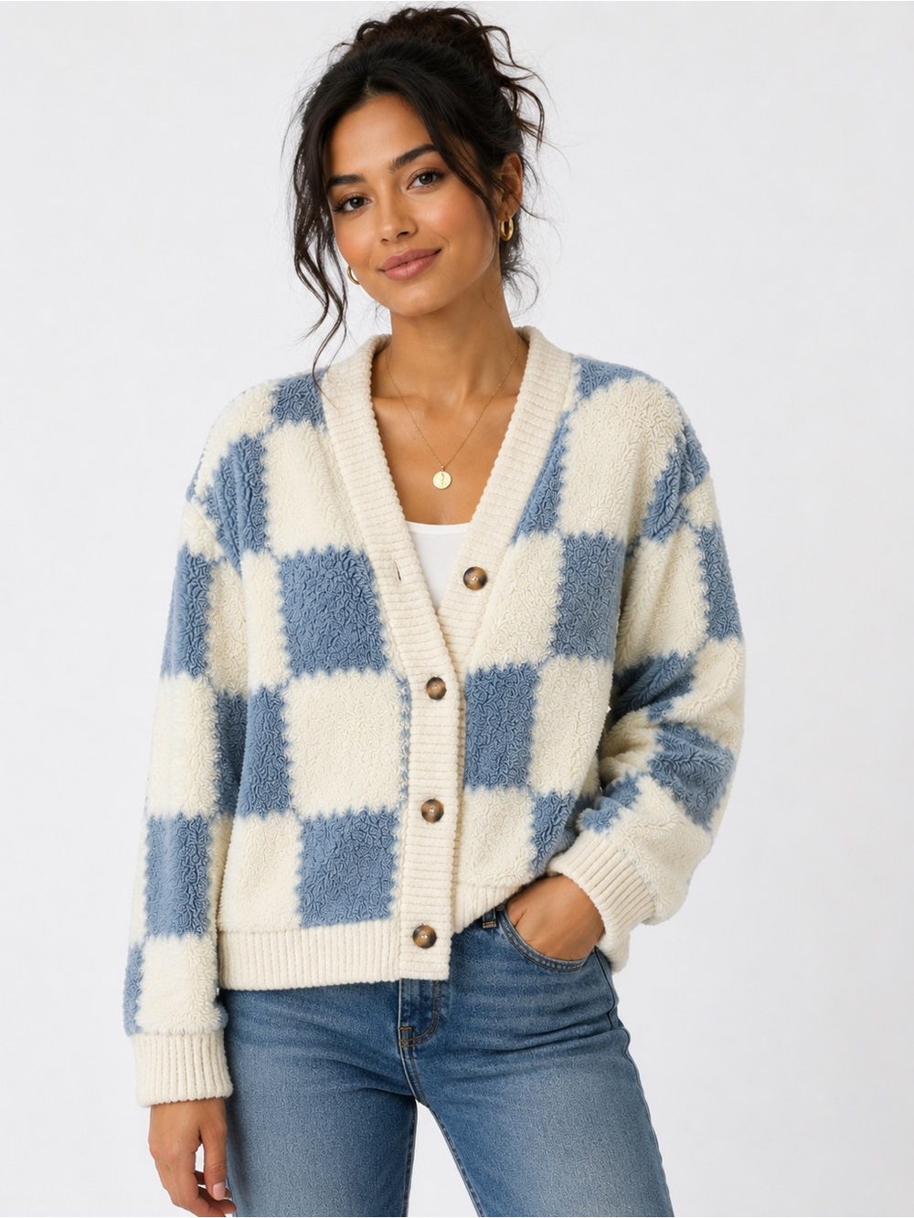 Cozy Checkered Blue and Cream Button-Front Sherpa Cardigan